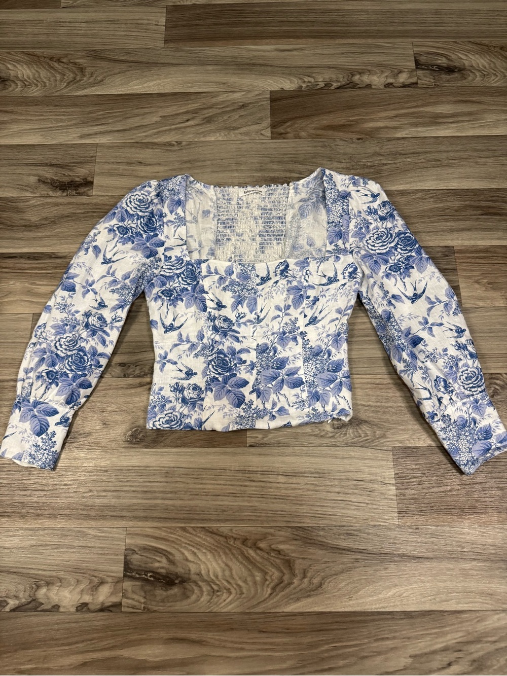 Reformation Stilton Linen Top Blue Floral Print Square Neck Smocked Back Size 8